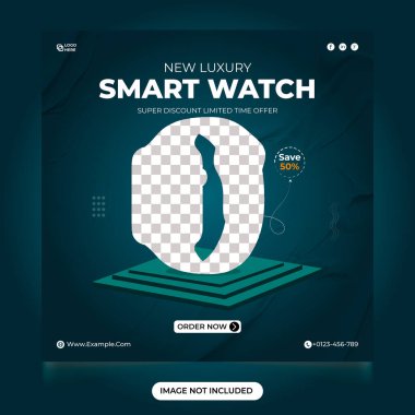 New luxury smart watch promotional web banner design with dark blue color. smart watch sales social media post design template. Gadget sale discount template for online marketing. clipart