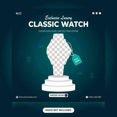 Exclusive luxury Classic watch social media post. Limited time smart watch mega sale offer. Classic watches sales banner. Wristwatch sale discount template. Product promotion template. clipart