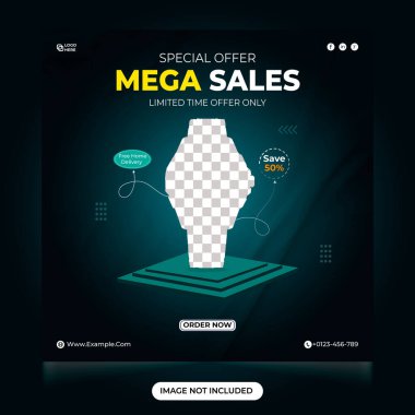 Mega smart watch sales template for social media post. Smart watch store advertisement template. Modern gadget sales template. Wrist Watch sale discount template. Smartwatch social media post. clipart