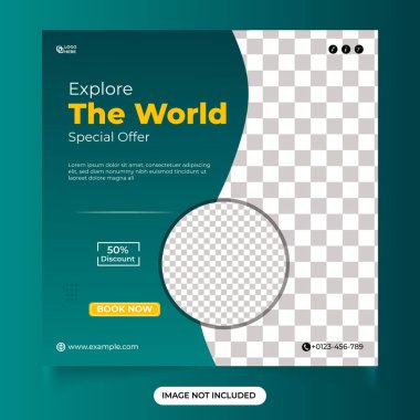 Mavi renkli sosyal medya tasarım şablonunu gezin. Tatil planlayıcısı şablonu. Seyahat acentesi için turne ve seyahat afişi tasarımı. Dünya seyahat acentesini keşfedin..