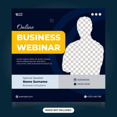 Çevrimiçi iş dünyası sosyal medya paylaşımı şablonu oluşturuyor. İnternet afişi ve Instagram paylaşımlı çevrimiçi iş sunum şablonu tasarımı. İş davetleri için dijital pazarlama webinar şablonu.