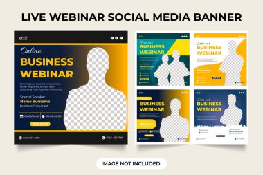 Çevrimiçi iş dünyası sosyal medya şablonu. Dijital pazarlama için canlı Webinar şablonu. Ofis semineri davetiyesi ve Webinar şablon seti. İş tanıtım afişi paketi