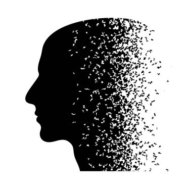 Parçalara ayrılan bir kafa silueti. Düşünce ve Dönüşüm için bir metafor. Vektör illüstrasyonu