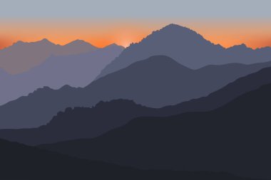 Sunset Showcasing Katmanlı Siluetler ve Solan Işık 'ta Majestic Mountain Range. Vektör illüstrasyonu