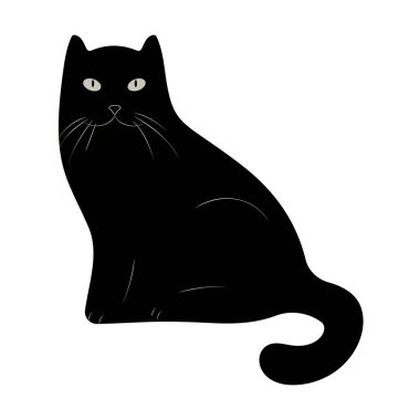Parlak beyaz gözlü neşeli siyah bir kedi, eşsiz çekiciliğini minimalist vektör sanat tarzında sergileyerek neşeli bir enerji yayar. Kedi rahat bir oturuş pozisyonunda, parlak kürkü var.