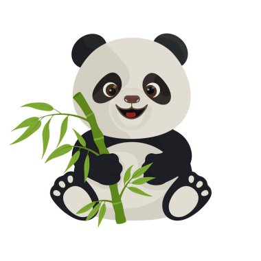 Şirin komik panda oturur ve patilerinde bambu tutar. Vektör illüstrasyonu