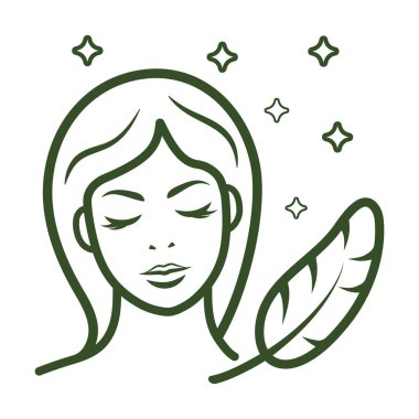 Bu vektör ikonu, yumuşak bir cilt rutinini somutlaştıran, gözleri kapalı bir kadını gösteriyor. Yüzünün yanına bir tüy konur, cilt bakımını ve yumuşaklığını sembolize eder, güzelliği vurgular ve