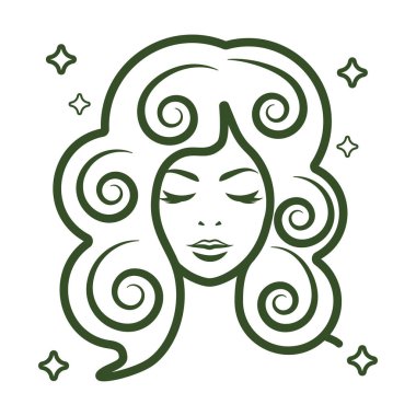 Bu vektör ikonu, kıvırcık saçlı, güzellik, cilt bakımı ve özgüven temalı bir kadının stilize edilmiş tasvirini sergiliyor. Tasarım hassas girdaplar ve parlak aksanlar içeriyor.