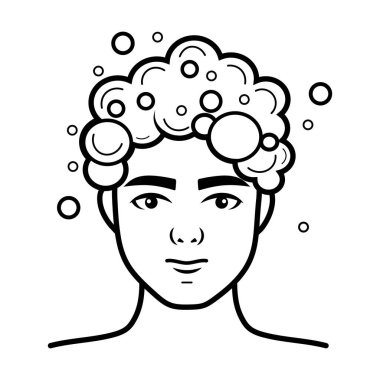 Bir vektör ikonu, saçlarını yıkarken kıvırcık saçlı ve sabun köpüklü bir adamı gösterir. Bu illüstrasyon kozmetik, kuaförlük ve cilt bakımları için uygundur.