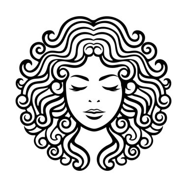 Bu vektör ikonu, güzel kıvırcık kıvırcık saçlı, güzellik, kozmetik ve kuaförlük sektörlerini temsil etmek için mükemmel bir kadın sergiliyor. Tasarım zarafet ve stili vurguluyor.