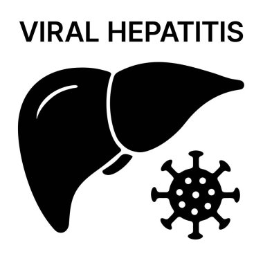 Bu tasarım, viral hepatit kavramını gösteren bir virüs ikonu ile birlikte bir karaciğerin siyah siluetini içerir. Hastalığı tanımada görsel yardım, sağlıkla olan ilişkisini vurgular.