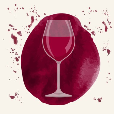 Berrak bir bardak kırmızı şarap dimdik duruyor, zengin rengini sergiliyor. Etrafını saran sanatsal sıçramalar ve şarap lekeleri soyut bir arkaplan oluşturuyor..