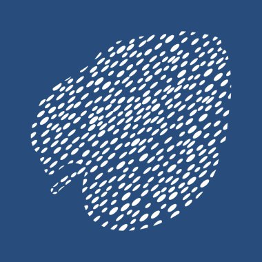 Süslü tasarım, koyu mavi arka planda eşsiz, stilize desenlere sahip tropik bir yaprak içeriyor. Bu sanat eseri, doğanın güzelliğini organik şekillerin bir karışımı ile gösteriyor.