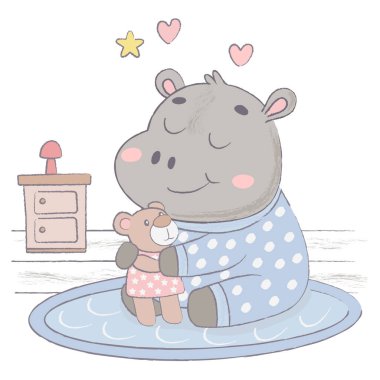 Yumuşak mavi pijama giymiş hoş bir su aygırı neşeli bir kapalı mekan sahnesinde pelüş bir ayıyı kucaklıyor. Konforlu ortamda içinde lamba olan küçük bir komodin var. Sıcak bir uyku zamanı atmosferi çağrıştırıyor.