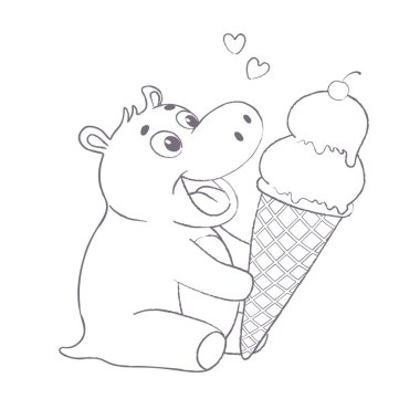 Büyüleyici bir su aygırı elinde kocaman bir dondurma külahıyla mutlu bir şekilde oturur. Geniş sırıtışı ve neşeli ifadesi neşe taşırken, kaprisli yürekler havada süzülüyor, bu keyifli dokunuşa neşe katıyor.