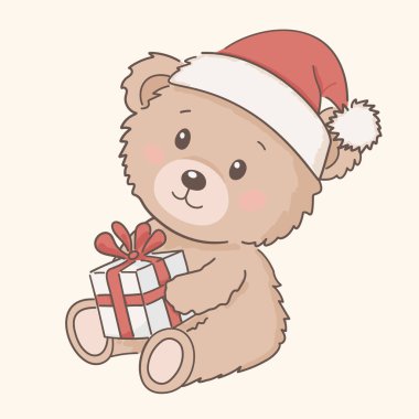 Güzel bir el çizimi, kırmızı Noel Baba şapkası takmış, güzel paketlenmiş bir hediye kutusunu neşeyle tutan sevimli bir oyuncak ayıyı gösteriyor. Bu büyüleyici sanat eserleri sıcaklığı ve mutluluğu çağrıştırıyor.