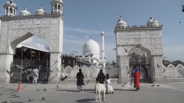 İnsanların, keçilerin ve güvercinlerin olduğu görkemli Hazretbal Tapınağı girişi