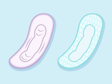 İki hijyenik peçete resmi. Pembe ve açık mavi hijyenik peçeteler regl döneminde genellikle kadınlar tarafından kullanılır. Bu illüstrasyon sağlık bilgi grafiklerinde kullanmak için uygundur