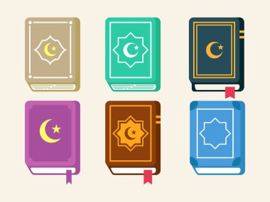 Hilal ay ve yıldız sembolü içeren bej kapaklı Kuran 'ın zarif bir tasviri. Bu klasik tasarım, İslam temalı projeler, Ramazan veya dini çizimler için mükemmeldir..