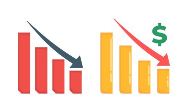 Bir para kaybı tablosu ikonu, aşağı doğru ok ve bir dolar işareti içeriyor, bu da finansal çöküşü gösteriyor. Ekonomik düşüş, finansal kayıplar ve olumsuz eğilimler, mali ve ticari eğilimler.