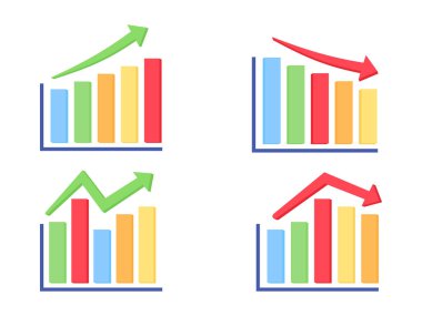 Renkli çubuklarla yukarı ve aşağı okların yer aldığı bir dizi mali büyüme ve düşüş tablosu, ekonomik eğilimleri gösteriyor. Finansal piyasa artışı, azalma ve dalgalanma kavramı.