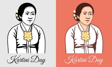 Kartini Günü anısına, hem tek renkli hem de sepia renkli geleneksel Endonezya elbisesi (muhtemelen Kebaya) giymiş bir kadının portresi yer alıyor.. 