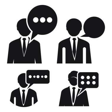 Ticari iletişim senaryolarını tasvir eden bir yığın siyah beyaz simge. Her ikon, üzerinde konuşma balonu olan, konuşma baloncuğunun tarzındaki değişikliklerle birlikte bir iş adamının siluetini içeriyor.