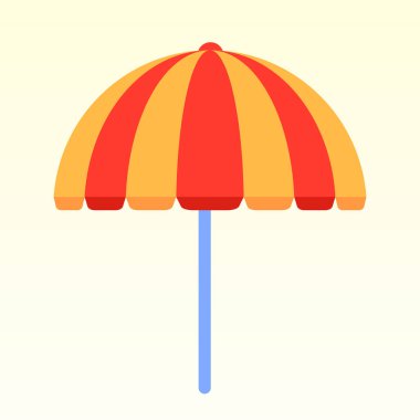 Açık bir sahil şemsiyesinin neşeli bir vektör simgesi. Cesur kırmızı ve sarı çizgileri var. Güneşli bir günde dik duruyorlar. Yaz, tatil, rahatlama ve plaj eğlencesi gibi konular için ideal.