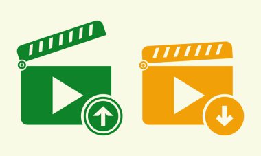 Modern video oynatıcı simgeleri kümesi, bir klapperboard, oynat düğmesi ve yeşil ve turuncu olarak yükleme sembolü de dahil. Dijital ortam, film üretimi, video düzenleme veya içerik oluşturma platformları için ideal.