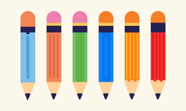 Sanat malzemeleri, eğitim temaları, yaratıcı projeler veya kırtasiye tasarımları için ideal altı gerçekçi gökkuşağı renkli kalem seti..