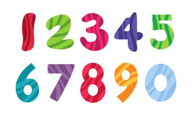 Renkli çizgi film numaraları. 0 'dan 9' a kadar rakamlar renkli, çocukların öğrenmesi, matematik oyunları, anaokulu posterleri ve baskı veya dijital projelerde eğitim görselleri için mükemmel.