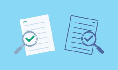 Büyüteç ve yeşil veya mavi kontrol işaretlerine sahip, onay, doğrulama veya başarılı tamamlamayı sembolize eden düz tasarım simgelerini belirleyin.