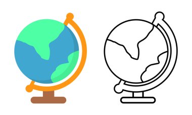 İki modern dünya ikonu, renkli bir tane ve basit bir taslak. Küresel eğitim, coğrafya, seyahat ve çevre konuları için ideal.