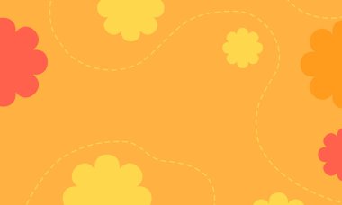 Renkli sarı ve kırmızı çiçek şekilleri ve noktalı çizgileri olan turuncu bir arkaplan. Davetiyeler, çocuk tasarımları ve yaratıcı pazarlama için ideal..