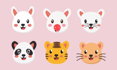 Bir tavşan, domuz, kedi, panda, kaplan ve aslan gibi şirin, düz dizayn edilmiş altı adet çizgi film hayvan kafası ikonu.