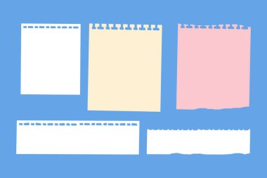 Çeşitli boş ve yırtık kağıt notların çizimi. Yaratıcı projeler, notlar, hatırlatıcılar ve dekoratif öğeler için mükemmel..