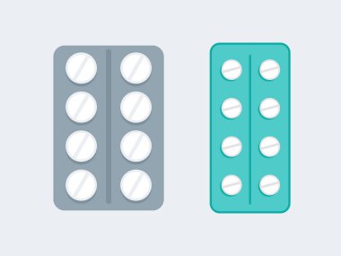 Two flat-style blister packs of pills in gray and teal colors. Ideal icons for pharmacy, healthcare, medical supply, and health product designs.
