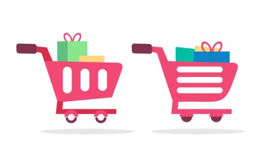 Pair of shopping carts filled with gifts, ideal for ecommerce banners, holiday promos, checkout icons, shopping apps, and retail marketing assets.
