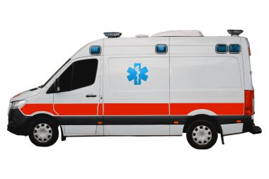 Beyaz bir arka planda ambulansın izole edilmiş görüntüsü. Acil Yardım Aracı.