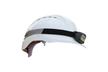 Güvenlik Başlığı Sert Şapka, beyaz arka planda izole edildi. Üzerinde ağır görev lambası olan güvenlik başlığı takıldı. Sert Şapka İzole Edildi