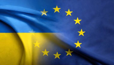 Avrupa Birliği ve Ukrayna arasındaki ortaklık ve işbirliği kavramı. Uluslararası Avrupa Jeopolitik ve Dışişleri. Ukrayna Ulusal Bayrağı ve Avrupa Birliği Bayrağı.