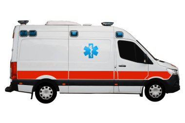 Beyaz bir arka plandaki ambulansın izole edilmiş yan görüntüsü. - Acil Yardım Aracı. Hastane Sağlık Hizmetleri Günlük Taşımacılığı.