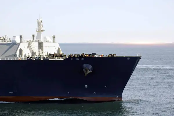 Bow Of The Merchant Ship LNG Carrier. Loaded With Natural Gas Tanker Vessel Underway