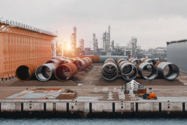 Offshore Rüzgar Türbini Geçiş Parçaları. Monopile Vakfı. Rüzgâr Parkı Çiftliği İnşaat İşlemi. Yenilenebilir Enerji Konsepti