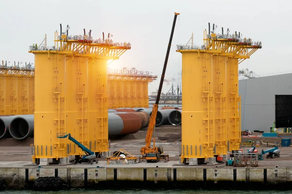 stock image Offshore Wind Turbine Transition Pieces. Monopile Foundation. Wind Park Farm Construction Process. Renewable Energy Concept