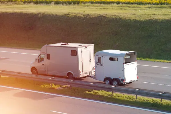 stock image Motorhome With Horse Carrying Trailer Transporter