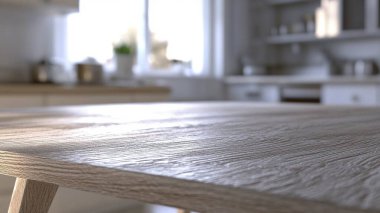 wooden table top in modern kitchen with blurred light background. 3 d rendering clipart