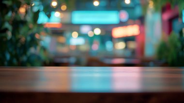 wooden table and blurred interior of restaurant. clipart