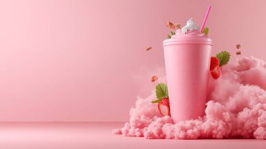 3 d rendering of milkshake with straw and cherry in pink cup on blue background clipart