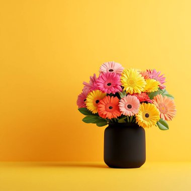 vase with beautiful flowers on table against orange background